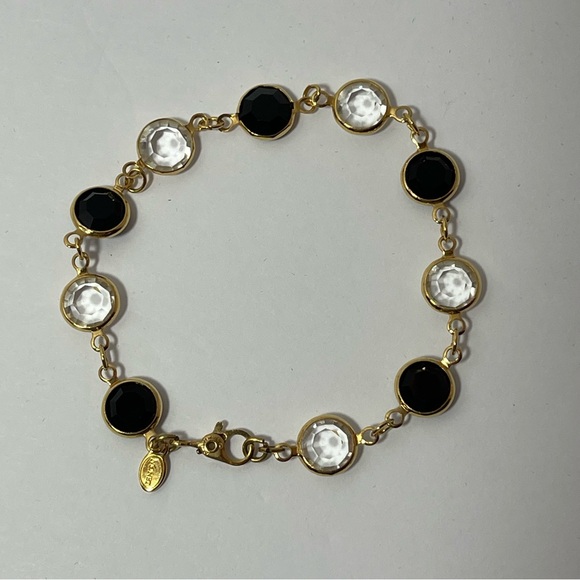 Monet Vintage Stamped Black Clear Bezel Stones Gold Plated Chain 7” Bracelet - Picture 4 of 7